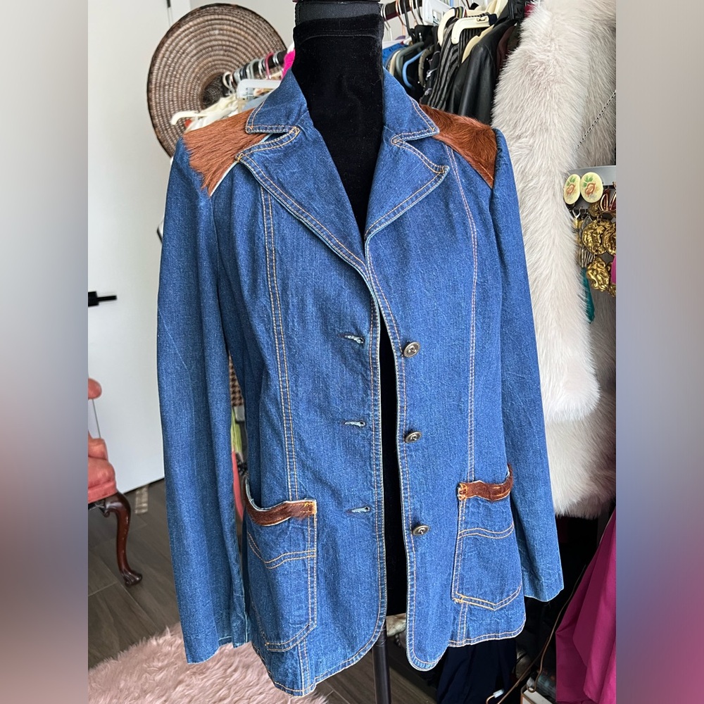 70's Cowhide Trimmed Denim Blazer